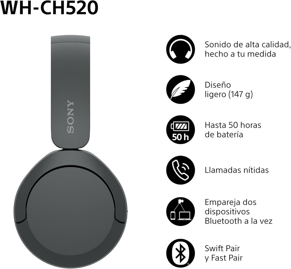 Sony WH-CH520 Auriculares Bluetooth 50h Batería - Cascos Inalámbricos Ligeros Negro