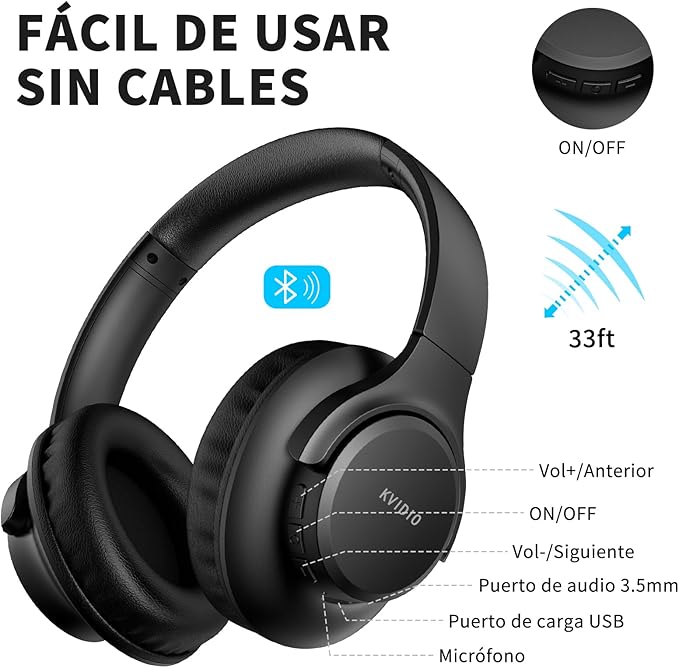KVIDIO Auriculares Bluetooth Inalámbricos 55h Batería - Cascos con Micrófono Negro