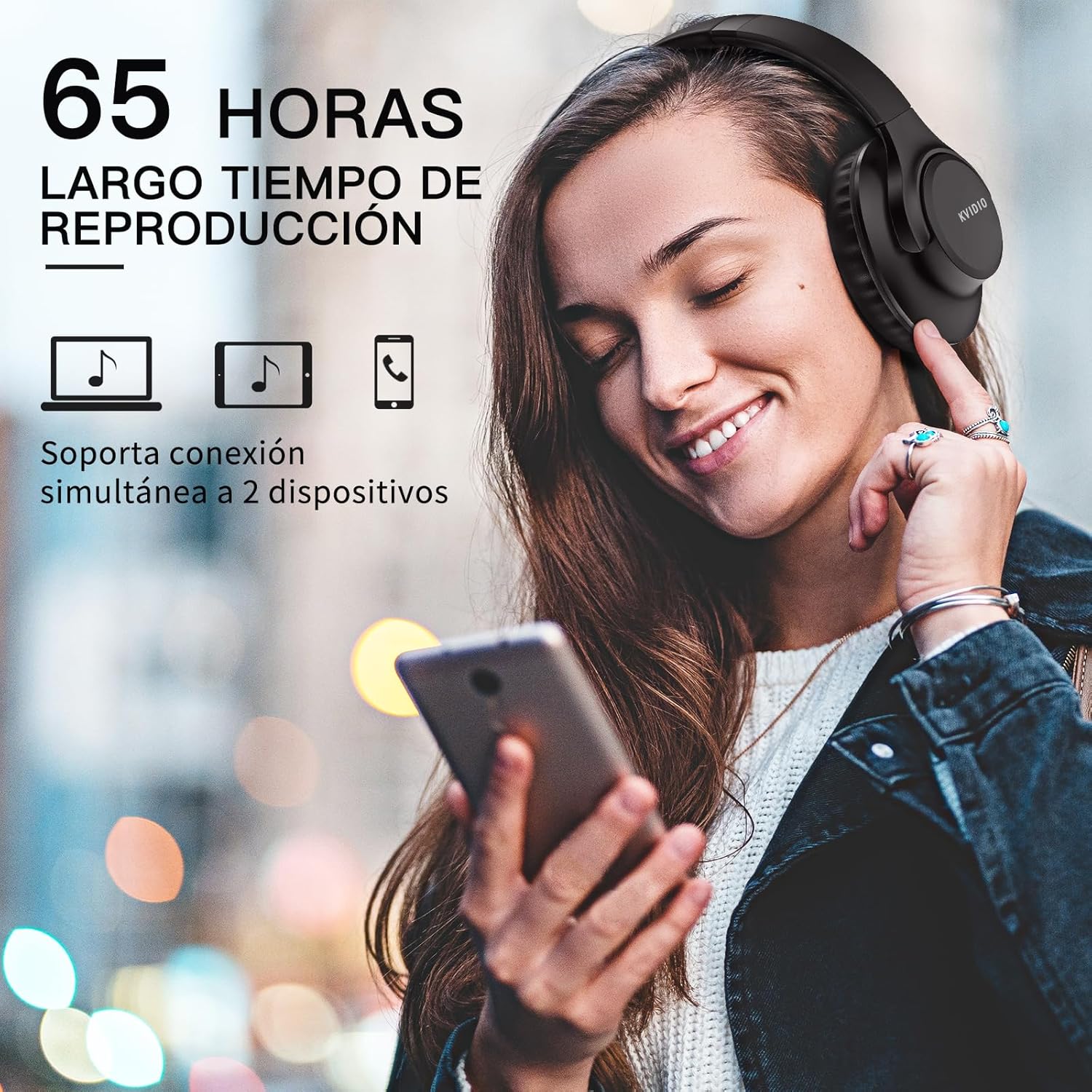 KVIDIO Auriculares Bluetooth Inalámbricos 55h Batería - Cascos con Micrófono Negro