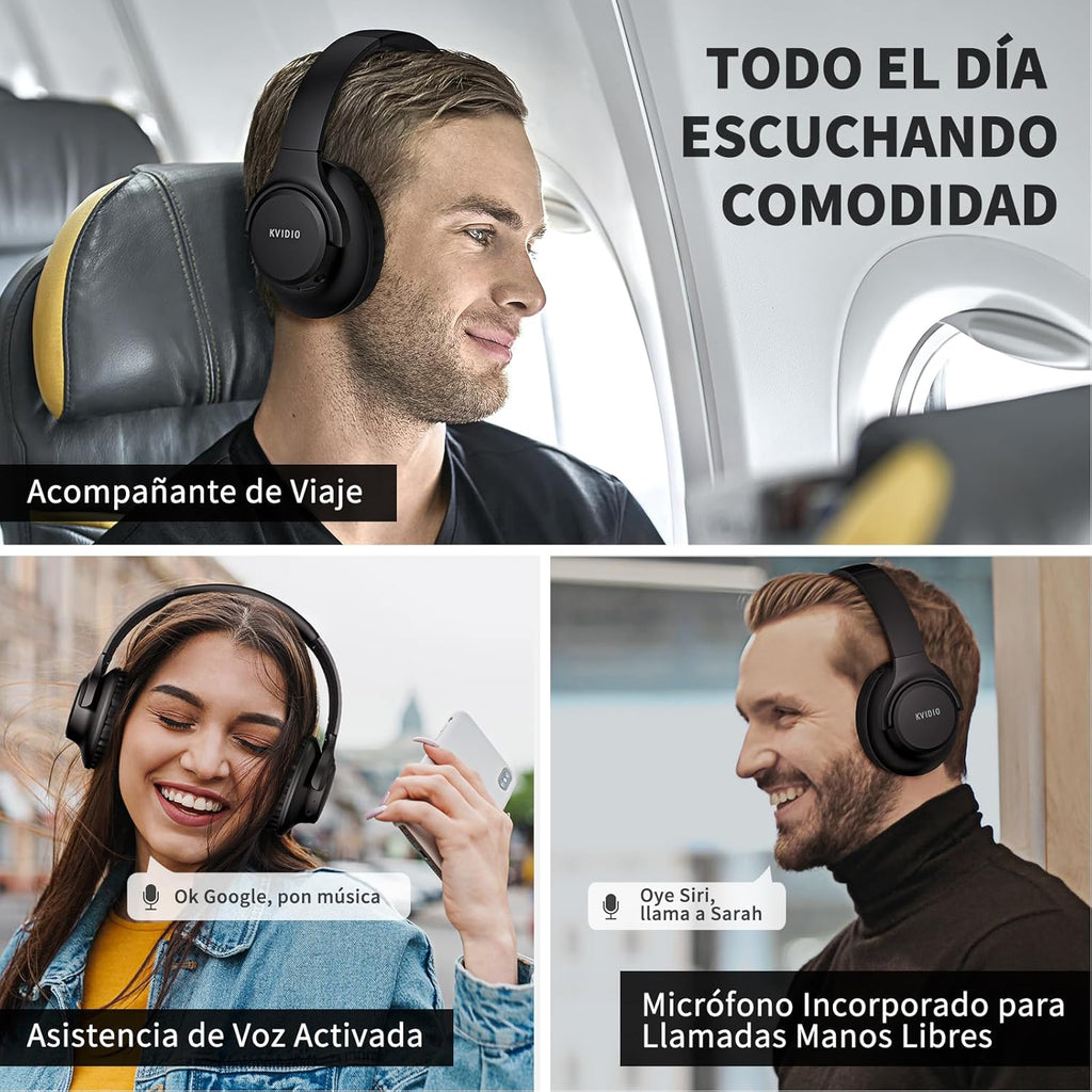 KVIDIO Auriculares Bluetooth Inalámbricos 55h Batería - Cascos con Micrófono Negro