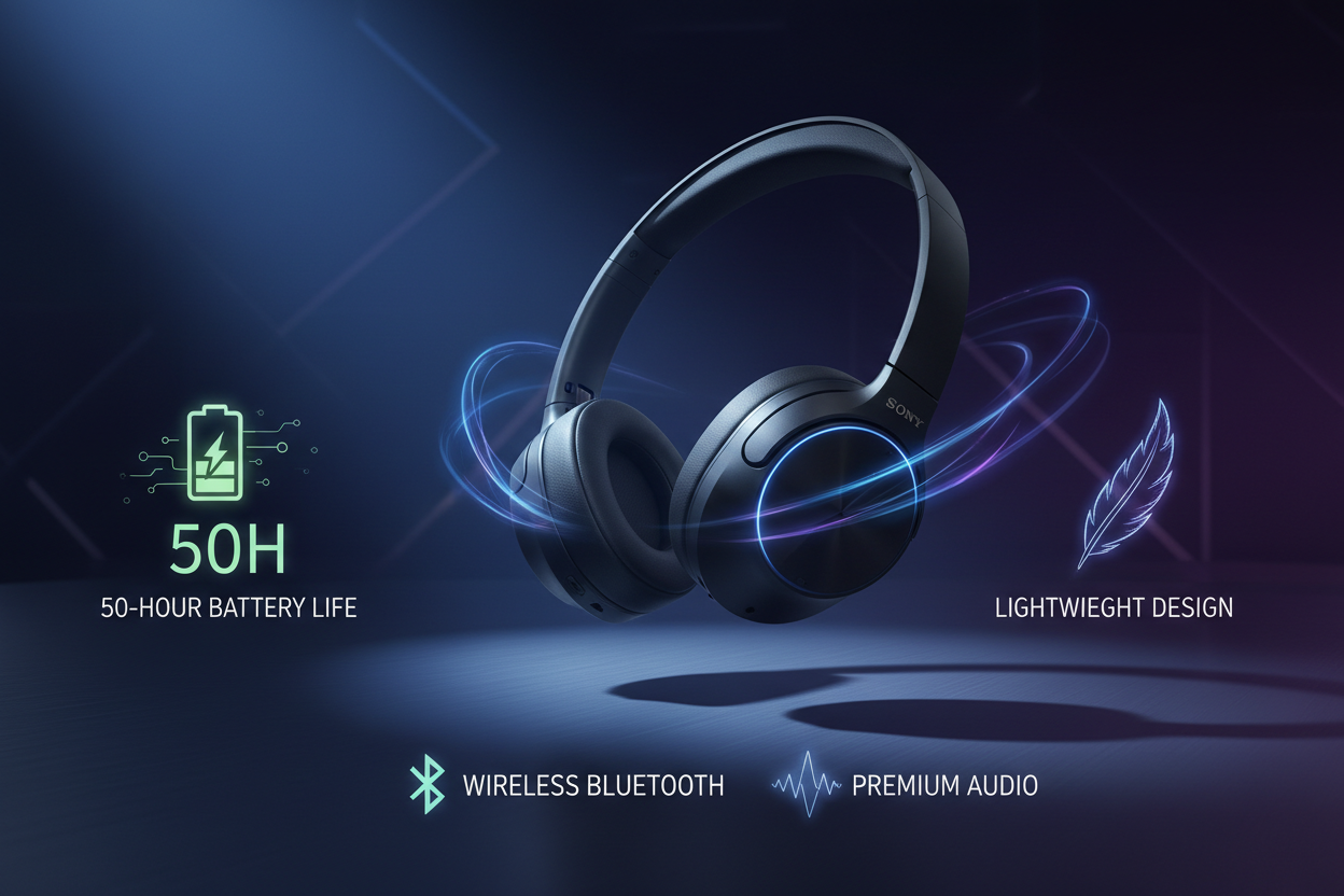 crea una imagen llamativa y que atraiga clientes de unos cascos Sony WH-CH520 Auriculares Bluetooth 50h Batería - Cascos Inalámbricos Ligeros Negro 