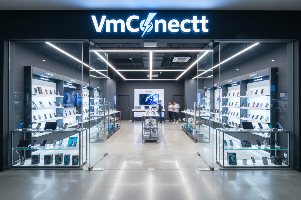 Genera un video de una tienda desde fuera entrando rapido por la puerta y que cuando entre salga ya el inicio de la tienda y poder comprar todos los productos ,es una tienda de tecnologia y electronica y se llama VmConectt